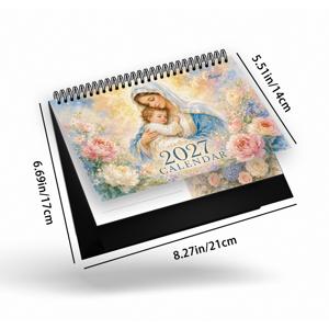 TLENPO 2027 성모 마리아 스티커 달력 1개, 가정, 사무실, 학교용 - 유럽풍 장미 꽃무늬 상징적인 종교 책상 플래너, 신자, 크리스마스, 결혼식, 새해를 위한 월간 주간 일일 스케줄 플래너 선물 (영문 버전)