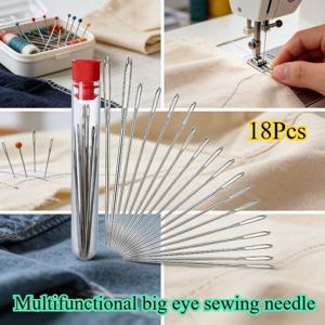 18개 멀티 모델 큰 눈 바느질 바늘 세트, 가정용 손바느질 바늘, 노인용 퀼팅 대형 구멍 바늘, 섬세한 대형 자수 바늘 십자수 바늘, 가정 및 야외 의류 수리 및 공예 필수 도구 키트