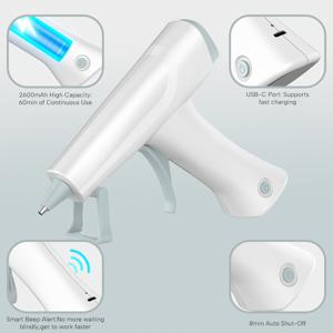 화이트 무선 핫글루건, 2600mAh 배터리 USB-C 충전식, 알림 소리 및 자동 전원 차단 기능, 수공예, 학교 및 가정 수리용
