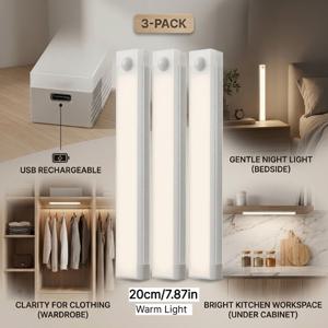3개 세트 20cm/7.87인치 분위기 있는 따뜻한 조명 모션 센서 LED 수납장 조명 스트립, 부드러운 눈보호 광원, 부착식 자석 분리형 충전식 무드등, 옷장 책장 복도 무드등, 임대 주택용 창의적인 장식등