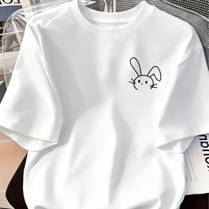 남녀공용 티셔츠, 옆가슴 작은 토끼 라인 프린트, 반팔, 캐주얼 크루넥 상의, 루즈핏 활용도 높은 데일리 반팔 티