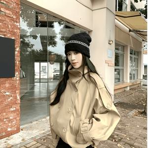 한국 스타일의 새로운 영국풍 스탠드업 칼라 트렌치 코트 여성용, 가을 더블브레스티드 카키색 루즈핏 다용도 상의