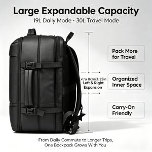 남녀 공용 확장형 여행용 백팩, 19L~30L 대용량 17인치 노트북 백팩, 옥스포드 기내 반입 백팩, 통기성 좋은 등받이 지지, 비즈니스 출퇴근 주말 여행용
