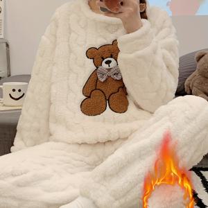 신상 가을/겨울 두꺼운 보온 파자마 세트, 자카드 긴팔 곰 상의와 플란넬 바지