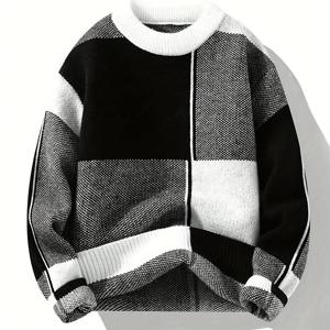 남성 컬러 블록 캐주얼 라운드넥 긴팔 풀오버 스웨터, 데일리 캐주얼 복장, 플러스 사이즈