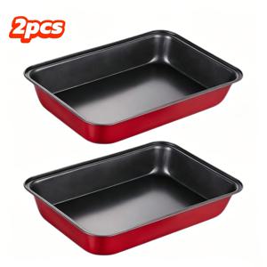 2개 세트 상업용 등급 탄소강 베이킹 팬 레드 블랙 - 12X8인치 논스틱 & 식기세척기 사용 가능 직사각형 팬 (브라우니, 라자냐, 시트 케이크용) | 오븐 & 에어프라이어 사용 가능 쿠키 시트 ( 베이킹용)