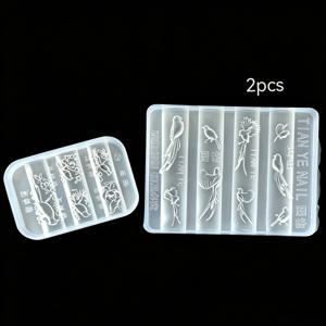2개 3D 새와 꽃 네일 실리콘 몰드 세트, 투명 엠보싱 잉어새 네일 아트 조각 템플릿, 재사용 가능한 부드러운 실리콘 네일 조형 몰드 (아크릴 네일 연장용), 네일 레진 공예 및 매니큐어 장식