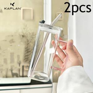 2개입 핑크 내열 가정용 물컵, 인스 스타일 뚜껑이 있는 사각 손잡이 붕규산 유리컵 (빨대 포함), 간편한 고밀도 우유컵, 재사용 가능, 손세척 전용 - 가족 모임 및 휴일에 적합 | 모던 유리제품 | 투명 유리컵