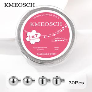 KMEOSCH 7가닥 스테인리스 스틸 주얼리 구슬 꿰기 와이어, 크림프 비즈 및 스토퍼 비즈 포함 - 땋은 유연한 주얼리 와이어 공예용 와이어, 목걸이 팔찌 제작용 (0.3mm-0.6mm 혼합 사이즈) | 부드럽지만 내구성 있는 DIY 구슬 꿰기 실