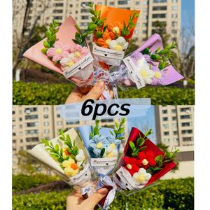 6개 세트, 미니 퍼프 부케 3개, 멀티 컬러 수공예 코바늘 뜨개질 소형 부케, 미니 니트 우븐 인조 프리저브드 플라워, 답례품 장식, 베스트 프렌드 또는 여자친구를 위한 발렌타인데이/생일/졸업 시즌 선물, 소형 탁상용 장식품