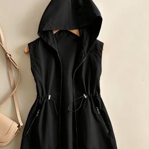 후드 민소매 경량 재킷 여성용 지퍼업 조끼 코트, 허리 드로스트링 허리 집는 탑, 옆면 지퍼 포켓 캐주얼 조끼 가디건, 쉬운 슬림핏, 데일리 레이어링 및 아웃도어 다용도 캐주얼 아우터에 적합한 경량 원단