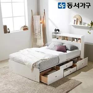 [동서가구][착불] 미휴화이트 수납헤드 깊은서랍 슈퍼싱글 SS 침대+케미컬폼 매트리스 DF638735