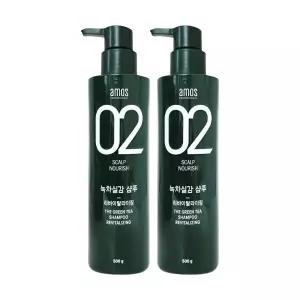 [amos] 아모스 녹차실감 샴푸 500g 2개 리바이탈 라이징 두피 모발 케어