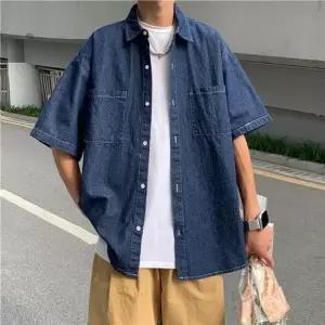 남성반팔셔츠 남성 캐주얼 오버핏 2컬러 데님 반팔 셔츠 청남방