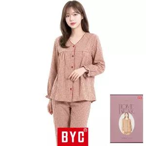 BYC 여성 잠옷 세트 순면 기모 긴팔 체크 가을 겨울 여자 파자마 홈웨어 상하 빅사이즈 NCG2211