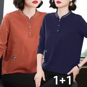 TIMEPURE 1+1 봄가을 긴팔 티셔츠 여자 코디 라운드 자수 상의 중년 엄마 상의 이너 간절기 상의
