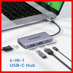포리다 4 in 1 USB C 허브 타입 to HDMI VGA 어댑터 3.0 포함) 100W PD 멀티포트 (맥북 프로/에어 노트북용