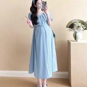 하늘색 플리츠 임부복 여름 롱원피스 쉬폰원피스