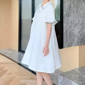 흰색 반팔 롱원피스 카라넥 퍼프소매 셔츠원피스 면원