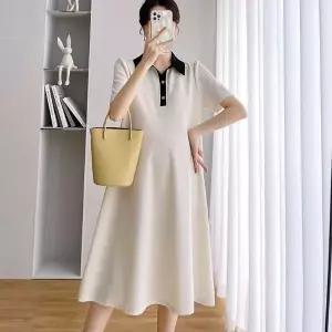 가능 베이직한 편안하게 착용 패션 단추 원피스 부드럽고 포인트 배색 카라 미디 임산부 소재로