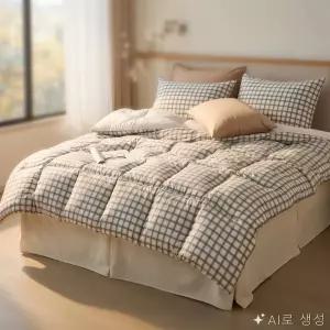 On동네 차렵이불 베개커버세트 퀸 Q 브라운 체크무늬이불