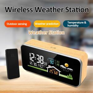 압력 스위치 무선 기상 관측소 나무 알람 시계 디지털 온도계 습도 센서 홈 TimeWatch 데스크탑