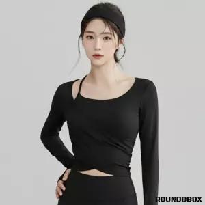 라운드박스 블랙 필라테스복 캡내장 요가상의 브랜드 러닝 롱슬리브 기능
