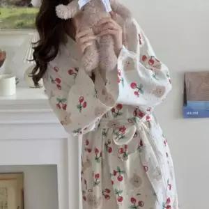 로브가운 라운지 잠옷 요루면 패턴 홈웨어 가운 여성 긴팔