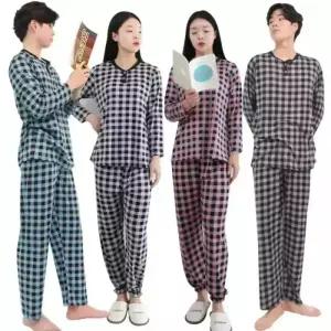 남성 여성 피치 체크 잠옷 세트 커플 파자마 여자 남자 홈웨어 수면 상하 세트