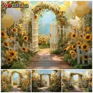 Mocsicka 해바라기 정원 사진 배경 울타리 문 노란색 풍선 여름 결혼식 생일 촬영 태피스트리