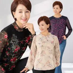 빅사이즈 엄마옷 중년여성 샤르망 블라우스 3종 쉬폰 여름 긴팔 플라워 마담 60대 50대 40대 할머니옷