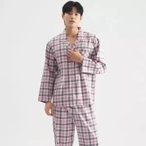 [보리보리/메이플라워]핑크체크 남성 긴팔 새틴 면 잠옷 세트