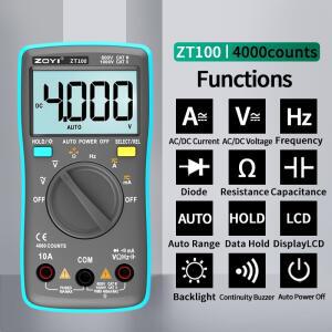 ZOYI 디지털 멀티미터 ZT100 4000 카운트 DCAC 전압 전류 커패시턴스 Hz 다이오드 옴 테스터 백라이트
