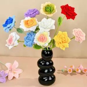 1개 수제 크로셰 꽃다발 DIY 홈 데코용 뜨개질 장미 여성 아내 엄마 여자친구 연인을 위한 선물
