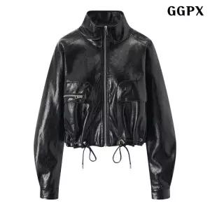 폴리시드 스트링 페이크 레더 집업 자켓 (GQCJK035D)