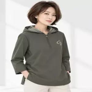 [크로커다일레이디]배색 후드 7부 반집업 여성 티셔츠 CLDFTS107
