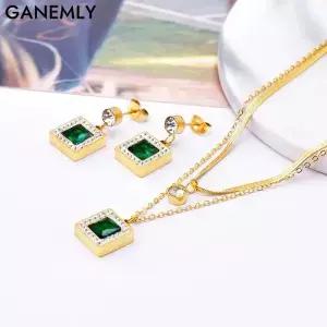 GANEMLY 여성을위한 새로운 패션 광장 녹색 지르콘 목걸이 귀걸이 세트 우아한 방수 스테인레스 스틸