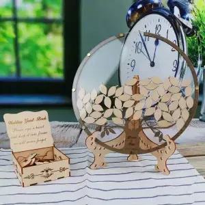 개인화 된 라운드 결혼식 방명록 나무 상자 및 80Pcs Leafs 대안