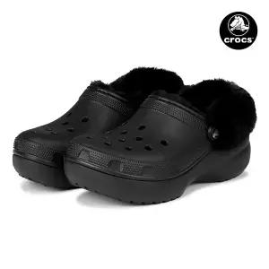 [CROCS]  클래식 플랫폼 라인드 퍼즈 스트랩 클로그 겨울 방한 털슬리퍼 212854-