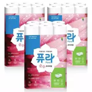 퓨라 순수 프리미엄 천연펄프 화장지 30m 30롤 3팩,총 90롤