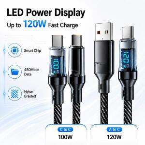 LED 디지털 디스플레이 120W USB-C 고속 충전 케이블 나일론 브레이드 A-타입 C 480Mbps 데이터