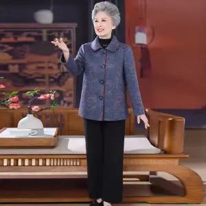여성 노년층 PU가죽 재킷 할머니 가을 옷 봄가을 롱스커트 칼라가 있는 상의 세트