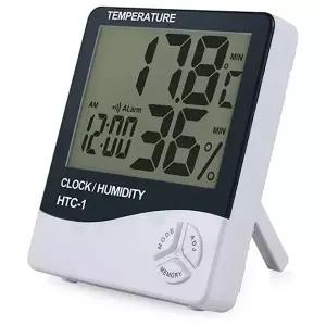 HTC-1 LCD 전자 온습도계 시계가 있는 기상 관측소 전자 디지털 온습도계 가정용
