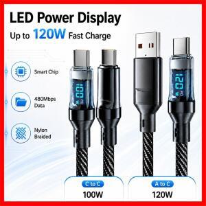 120W LED 전력 표시 USB C 케이블 PD 고속 충전 타입 코드 480Mbps 데이터 동기화 나일론 편조 A to