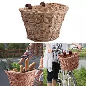 바구니 빈티지 산악 자전거용 휴대용 D형 야채 가죽 스트랩이 있는 앞바구니