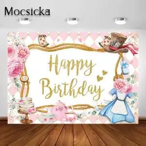Mocsicka 티 파티 배경 공주 첫 번째 생일 장식 이상한 나라의 앨리스 사진 Photoshoot