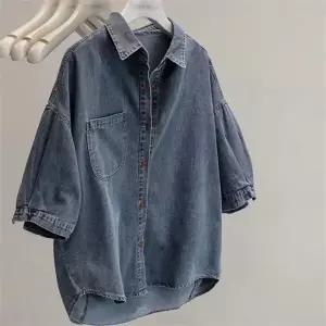 2color 여성 여름 오버핏 반팔 데님남방 캐주얼 데님 청 셔츠 블라우스 여자 반팔셔츠 빅사이즈