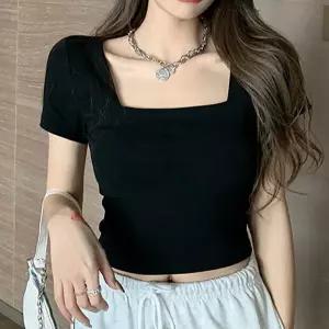 스퀘어넥 데일리 슬림핏 캡소매 크롭반팔티