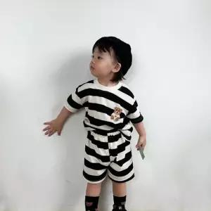 [조이멀티]블랙단가라 곰돌이 아동 반팔 반바지 상하세트 205387