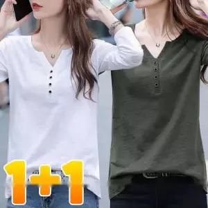 1+1 여성 순면 슬라브 브이넥 긴팔 티셔츠 루즈핏 캐주얼 데일리